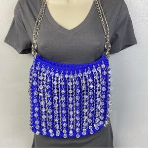 Upcycled Handmade Electric Blue Lucite Beaded Dangle Pop Soda Cap Purse Handbag